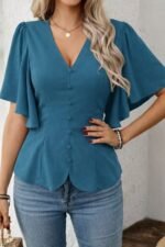 Kadın Kısa Kollu önden Düğmeli Ithal Krep Bluz - Görsel 2