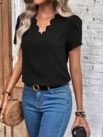 Kadın Kısa Kollu Lazer V Yakalı Ithal Krep Bluz - Görsel 2