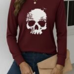 Kadın Uzun Kollu Bisiklet Yaka Kurukafa Desenli Viskon Bluz