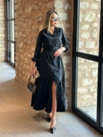 Kadın Uzun Kollu Eteği Fırfırlı Beli Kuşaklı Trikoton Tam Boy Gömlek Elbise - Görsel 6