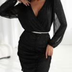 Kadın Uzun Kollu Kruvaze Yaka Kemersiz ışıltılı Astarlı Mini şifon Elbise