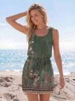 Kadın Askılı Yuvarlak Yakalı Beli Kusaklı çiçek Desenli Kısa Süprem Elbise - Görsel 4