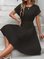 Kadın Kısa Kollu Yakası Açık Belden Lastikli Pileli Kısa Ithal Krep Elbise - Görsel 6