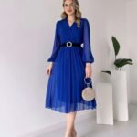 Kadın şifon Kumaş Astalı Kloş Kesim Kruvaze Yaka Midi Boy Elbise