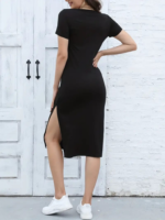 Kadın Kısa Kollu Yanı Yırtmaçlı Bisiklet Yaka Dizde Viskon Elbise - Görsel 3