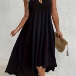 Kadın Boyundan Askılı Damla Detaylı Halkalı Asimetrik Kesim Viskon Elbise