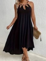 Kadın Boyundan Askılı Damla Detaylı Halkalı Asimetrik Kesim Viskon Elbise