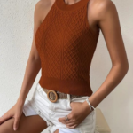 Kadın Kolsuz Halter Yaka Mini Baklava Desenli Triko Bluz