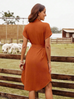 Kadın Kısa Kollu Yakalı önden Düğmeli Beli Kuşaklı Bürümcük Elbise - Görsel 4