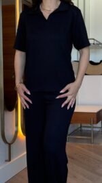 Kadın Kısa Kollu Yakalı Viskon Iki Iplik Bluz Ve Pantolon Ikili Takım - Görsel 5