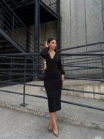 Kadın Kruvaze Yaka Balon Kol Simli Krep Kumaş Midi Boy Elbise - Görsel 4