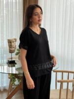 Kadın Kısa Kollu V Yakalı Pul Payetli Viskon Iki Iplik Bluz Ve Pantolon Ikili Takım - Görsel 2