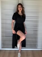 Kadın Kısa Kollu Yakası Açık Katlı Bürümcük Balon Elbise - Görsel 2