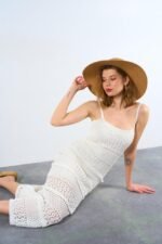 Ajurlu Astarlı Elbise - Ekru