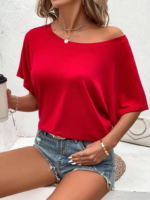 Kadın Tek Omuzu Açık Kısa Kollu Salaş Viskon Bluz - Görsel 3