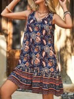 Kadın Askılı V Yakalı Fırfırlı Desenli Süprem Kısa Elbise - Görsel 4