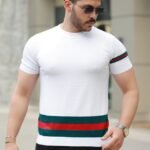 Erkek Bisiklet Yaka Bel Ve Kol şerit Desenli Kısa Kollu Tişört