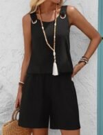 Kadın Askılı Yuvarlak Yaka Kuş Gözü Detaylı Bürümcük Bluz Ve Short Ikili Takım - Görsel 3