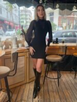 Kadın Balıkçı Yaka Transparan Detay Fırsat ürün Sandy Kumaş Mini Elbise - Görsel 4