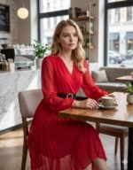 Kadın şifon Kumaş Astalı Kloş Kesim Kruvaze Yaka Midi Boy Elbise - Görsel 2