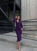 Kadın Kruvaze Yaka Balon Kol Simli Krep Kumaş Midi Boy Elbise - Görsel 3