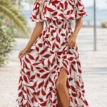 Kadın Madonna Yaka Göğüs Lastikli Yırtmaçlı Uzun Desenli Süprem Elbise