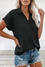 Kadın Kısa Kollu Yakalı Dokuma Viskon Bluz - Görsel 2