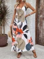 Kadın Ip Askılı Geniş V Yakalı Desenli Süprem Elbise - Görsel 4