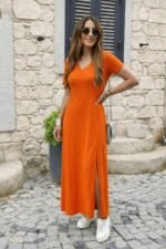 Kadın Kısa Kollu V Yakalı Maksi Boy Viskon Elbise - Görsel 2