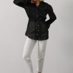 Belden Bağlamalı Uzun Kol Gömlek - Siyah