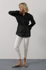 Belden Bağlamalı Uzun Kol Gömlek - Siyah