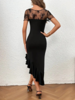 Kadın Kısa Kollu Yakası Açık Dantel Detaylı Fırfırlı Asimetrik Janjan Krep Elbise - Görsel 2