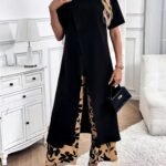 Kadın Kısa Kollu önden çapraz Detaylı Viskon Uzun Bluz Ve Desenli Iki Iplik Pantolon Ikili Takım