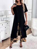 Kadın Kısa Kollu önden çapraz Detaylı Viskon Uzun Bluz Ve Desenli Iki Iplik Pantolon Ikili Takım