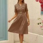 Kadın Kısa Kollu Düğmeli Ve Kemerli Atlas Elbise