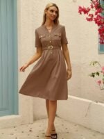 Kadın Kısa Kollu Düğmeli Ve Kemerli Atlas Elbise