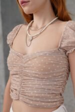 Puantiyeli Belden Oturtmalı Tül Krem Bluz - Görsel 2