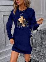 Kadın Uzun Kollu Bisiklet Yaka Ayı Desenli Viskon Iki Iplik Elbise - Görsel 3