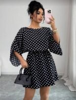 Kadın Puantiyeli örme Krep Mini Elbise (kemersiz) - Görsel 4