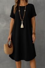 Kadın Kısa Kollu Kayık Yaka Bürümcük Elbise - Görsel 3