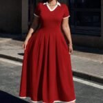 Kadın Kısa Kollu V Yakalı Pileli Uzun Janjan Krep Elbise