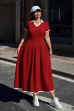 Kadın Kısa Kollu V Yakalı Pileli Uzun Janjan Krep Elbise