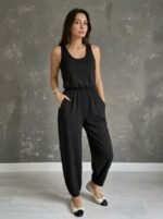 Kadın Askılı Yuvarlak Yakalı Cepli Viskon Tulum - Görsel 3