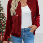 Kadın Uzun Kollu önü Açık Fermuarlı Pulpayetli Kadife Ceket