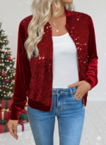 Kadın Uzun Kollu önü Açık Fermuarlı Pulpayetli Kadife Ceket