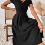 Kadın Kısa Kollu V Yakalı önden Pileli Janjan Krep Elbise