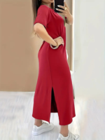 Kadın Kısa Kollu Bisiklet Yaka Yandan Yırtmaçlı Viskon Elbise - Görsel 4