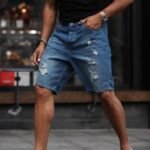 Erkek Mavi Yırtık Detaylı Şort