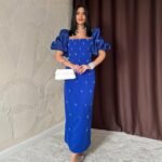 Saks İşlemeli Kolu Garnili Elbise