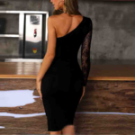 Kadın Siyah Tek Kol Dantel Detay Omuz Dekolte Krep Elbise - Görsel 4